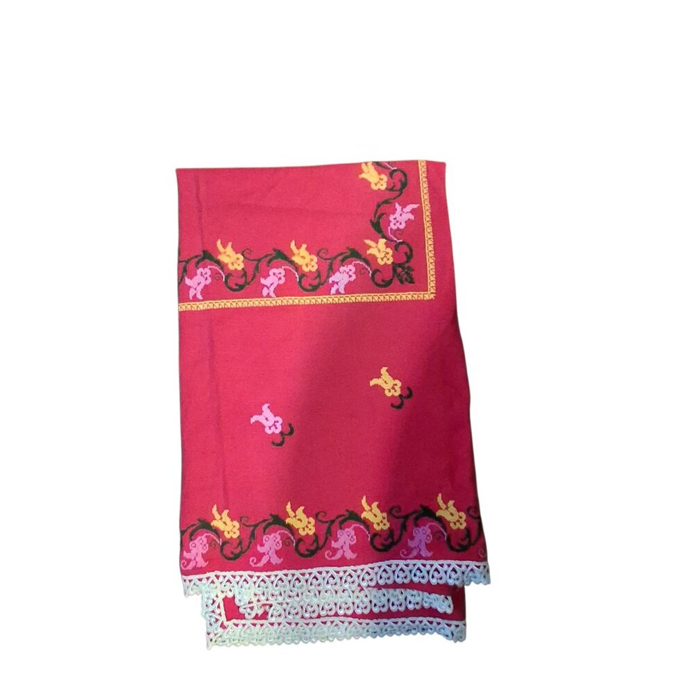 Unbranded vintage embroidered red tablecloth 59x52